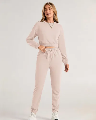 Miniatura 58 de BTFBM Conjunto deportivo de 2 piezas para mujer, camiseta corta de manga larga, sin botones, pantalón con cordón ajustable, pantalones deportivos