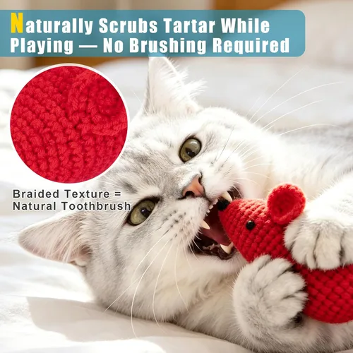 Miniatura 4 de Retro Shaw Juguetes de hierba gatera de ganchillo, 6 piezas de hilo para pezón de gato, ratones seguros para limpieza de dientes, juguete masticable
