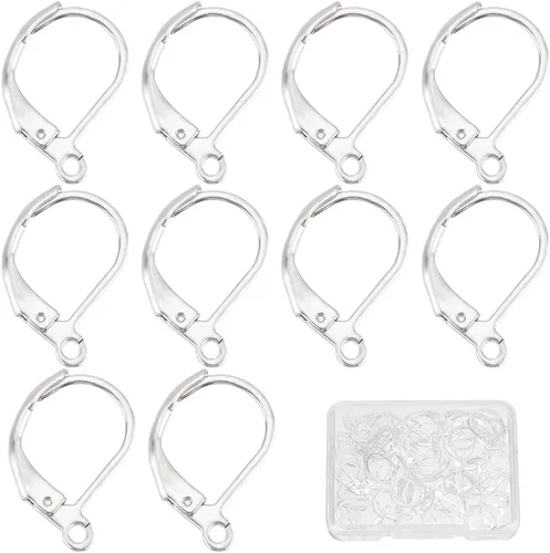 Miniatura 28 de SUNNYCLUE 1 caja de 80 piezas de hallazgos de aretes con cierre de palanca, hallazgos de aretes de aro Huggie, ganchos de oreja con cierre de 1 caja