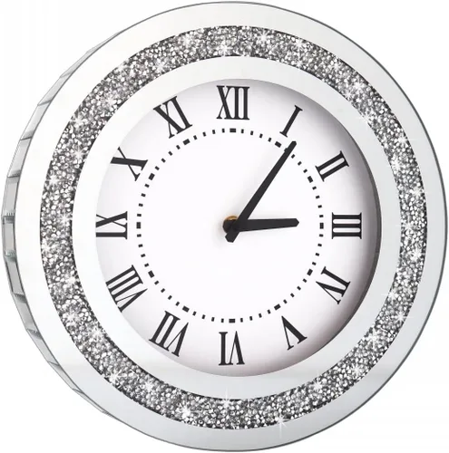 Reloj de pared redondo con espejo plateado de 12 pulgadas con cristales brillantes y diamantes de imitación para decoración de pared, espejo de