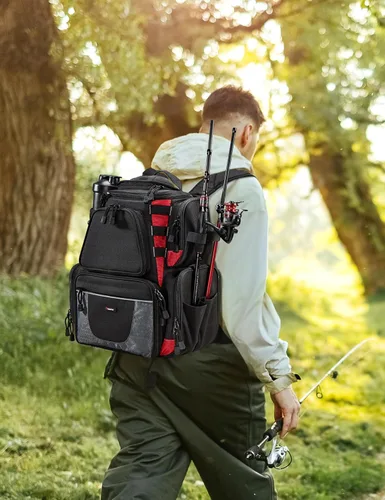 Miniatura 2 de Piscifun Mochila de pesca con 2 soportes para caña y 4 cajas de aparejos, bolsa grande de almacenamiento de aparejos con cubierta de lluvia
