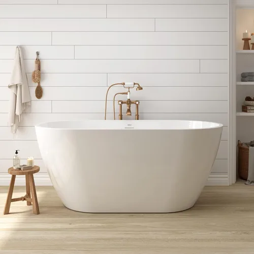 Miniatura 25 de FerdY 59" Bañera de acrílico independiente Bali Elite, bañera independiente de inmersión con forma elegante, certificada cUPC, desagüe negro Toe-Tap