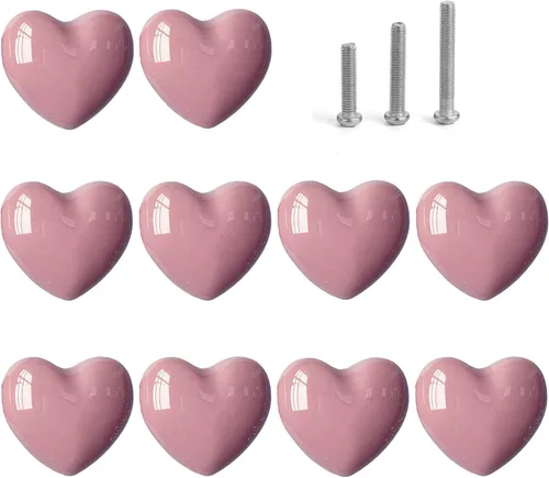 Pomos de cerámica para cajones en forma de corazón, tiradores de armario con tornillos de 3 tamaños, pomos para muebles de cocina para armario, Rosa