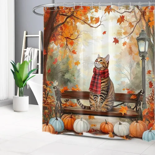 Miniatura 27 de HVEST Cortina de ducha con ganchos, calabaza espeluznante y fantasma con sombrero de bruja negro, juego de cortina de ducha naranja con flores