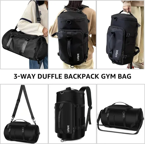 Miniatura 4 de Bolsa de gimnasio para mujeres y hombres, bolsa de lona deportiva, mochila de viaje, bolsa de fin de semana con compartimento para zapatos, Negro