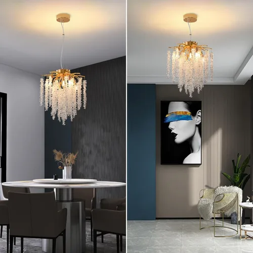 Miniatura 6 de Candelabro de Cristal Rama de Árbol Dorado Gota de Lluvia Redonda Lámpara Colgante con Borla Luminaria de Techo Colgante para Dormitorio Sala