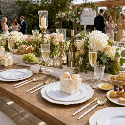 Miniatura 5 de WDF - Vajilla de plástico desechable para 30 invitados platos color oro y cubiertos color oro con mango blanco - Vajilla de plástico barroco blanco