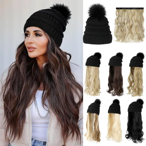 Miniatura 9 de Gorro Peluca Gorro de Lana con Cabello Extensiones Largas Onduladas Gorro de Punto con Pompón Adjunto de 20" Pieza de Cabello Sintética Removible