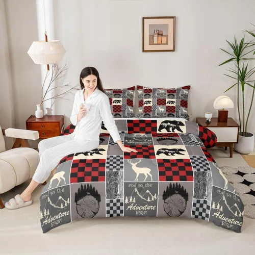 Miniatura 111 de Juego de edredón de oso y ciervo, tamaño individual, ropa de cama de animales salvajes de caza, colcha rústica de cabaña, casa de campo, cuadros