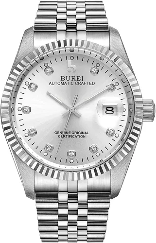 Miniatura 9 de BUREI Reloj automático de lujo para hombre, resistente al agua, reloj mecánico, correa ajustable de dos tonos de acero inoxidable