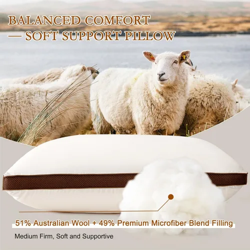 Miniatura 2 de YOUR MOON Almohada de lana natural tamaño Queen, relleno de lana australiana de lujo y microfibra, soporte medio suave transpirable para dormir