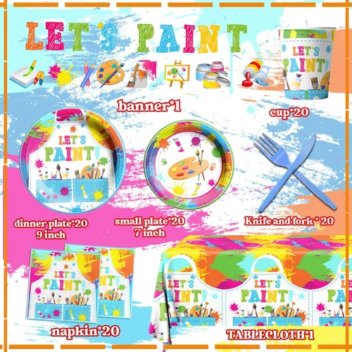 Miniatura 6 de Suministros para fiesta de pintura, juego de vajilla para fiesta de arte de 142 piezas incluye platos para fiesta de pintura y servilletas, manteles