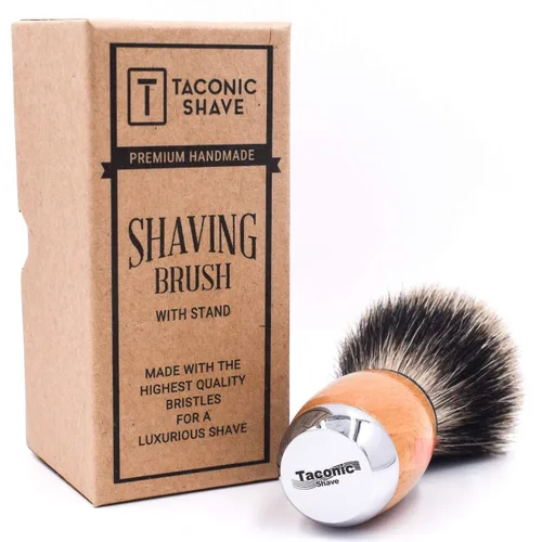 Miniatura 3 de Taconic Shave Cepillo de afeitar de lujo 100% de tejón puro de 3 bandas con madera de haya de lujo y mango cromado, soporte de afeitado incluido