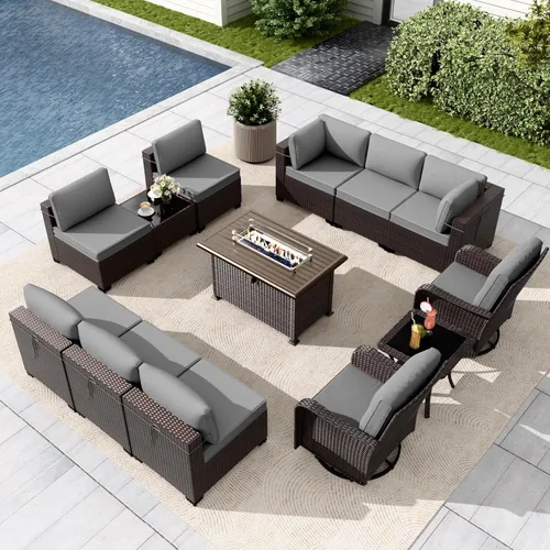 Miniatura 43 de Gotland Juego de muebles de patio de 8 piezas con mesa con fogón, muebles de ratán para exteriores para todo tipo de clima con respaldo alto de 2