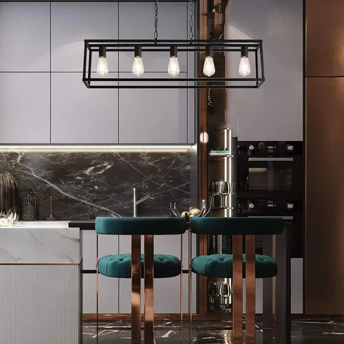 Miniatura 6 de Lámpara de granja para comedor, 5 luces colgantes negras, para colgar en la isla de cocina, lámpara de techo lineal con cadenas ajustables