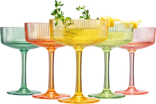 Miniatura 17 de Khen Juego de 4 vasos de cóctel vintage Art Deco inastillables de 8 onzas de acrílico transparente acanalado ondulado estilo europeo, copas