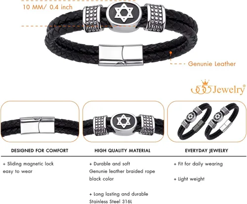 Miniatura 4 de 555Jewelry - Pulsera de piel trenzada de acero inoxidable con diseño de estrella de David para hombre
