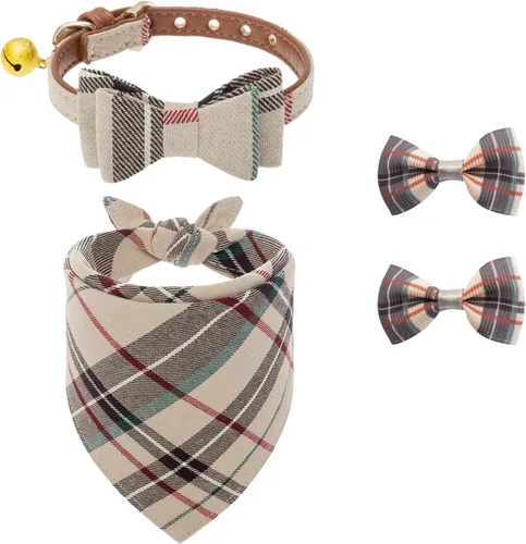 PUPTECK Juego de collar y bandana para perro, paquete de 3 pinzas ajustables para el pelo de mascotas con pajarita y campanas, piel sintética suave