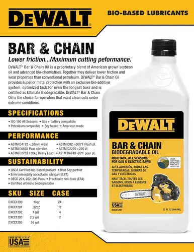Miniatura 3 de DEWALT – Aceite biodegradable para barra y cadena – Verde, ecológico, no tóxico, lubricante profesional para motosierra – Aceite ultralimpio