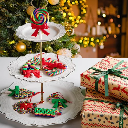 Miniatura 5 de Codree 8 piezas de adornos de piruleta de bastón de caramelo arcoíris - Adornos colgantes de arcilla polimérica para árbol de Navidad, fiesta