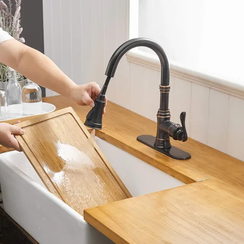 Miniatura 5 de Grifo de cocina negro mate con rociador extraíble, grifo de 3 funciones para fregadero de cocina, mango único, arco alto, cabezal de rociador