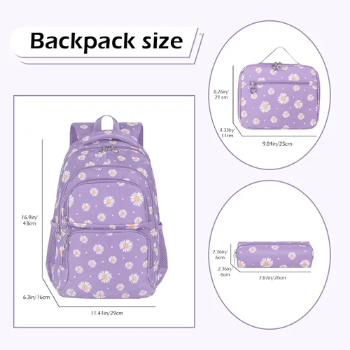 Miniatura 26 de goldwheat Mochilas impresas margaritas con paquete de almuerzo, estuche de lápices 3pcs, bolsa ligera resistente al agua para la escuela secundaria