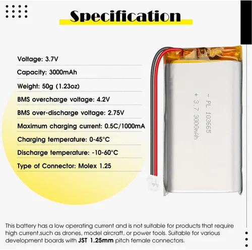 Miniatura 3 de 103665 3.7V 3000mAh LiPo Batería - Batería recargable de polímero de litio con placa de protección y conector Micro JST 1.25 para dispositivo
