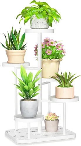 Miniatura 18 de LASZOLA Soporte para plantas de 5 niveles alto de madera y metal para interiores para macetas de servicio pesado, estante vertical grande