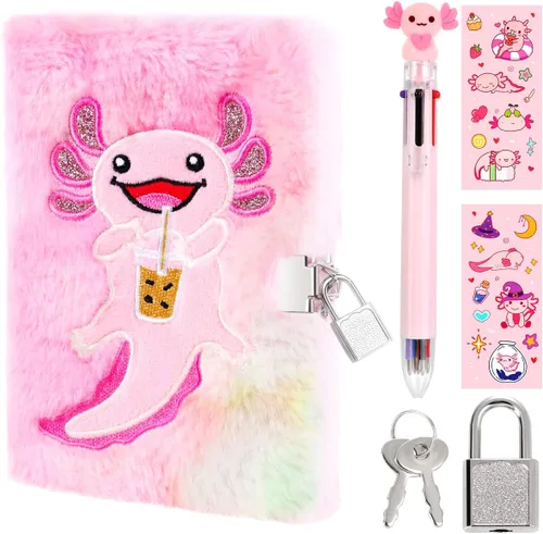 Miniatura 11 de Axolotl Diario para Niñas con cerradura y llaves, Diario de Niños Cuaderno Escolar de Viaje Juego de Regalo para Escribir y Dibujar, Bolígrafo
