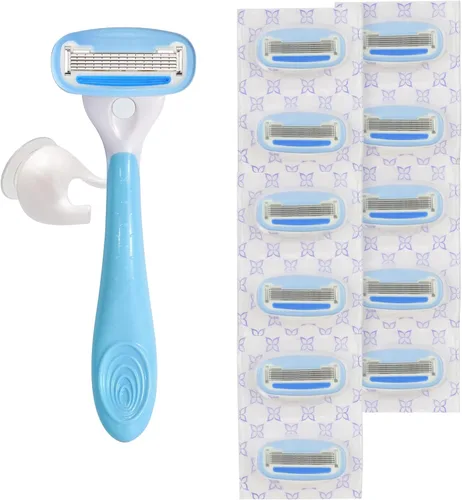 Miniatura 3 de Amazon Basics - Mango de navaja de afeitar de cinco hojas para mujer, incluye 12 cartuchos y colgador de ducha, set de 14 piezas, azul