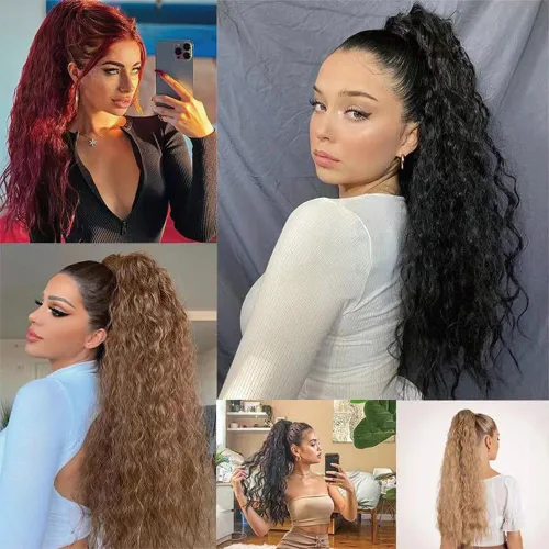 Miniatura 5 de Extensión de cola de caballo rubio con cordón para mujer, larga y rizada de 26 pulgadas, extensiones de cabello sintético natural, extensiones