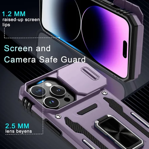 Miniatura 140 de DEERLAMN Funda para iPhone Xs Max con funda deslizante para cámara + protector de pantalla, soporte giratorio de anillo de grado militar a prueba