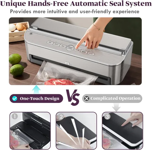 Miniatura 3 de Mesliese Máquina selladora al vacío, sellador automático de alimentos de 85 kPa 120 W, potente sistema de sellado, cortador integrado Acero