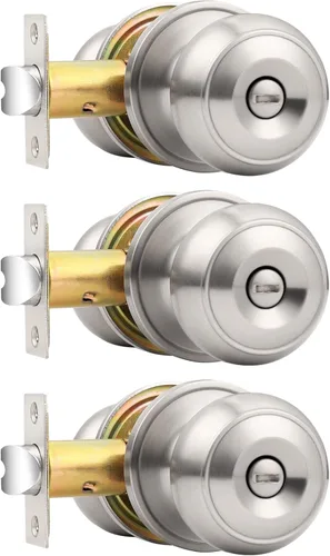 Probrico Pomos de puerta de privacidad con acabado de níquel cepillado, pomos interiores sin llave para dormitorio o baño, paquete de 3