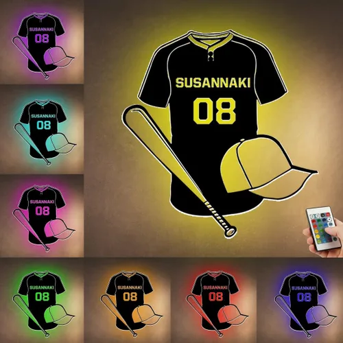 Miniatura 34 de Letrero de metal de jersey deportivo personalizado con luz LED, nombre y número personalizado, letrero de neón con nombre personalizado, decoración