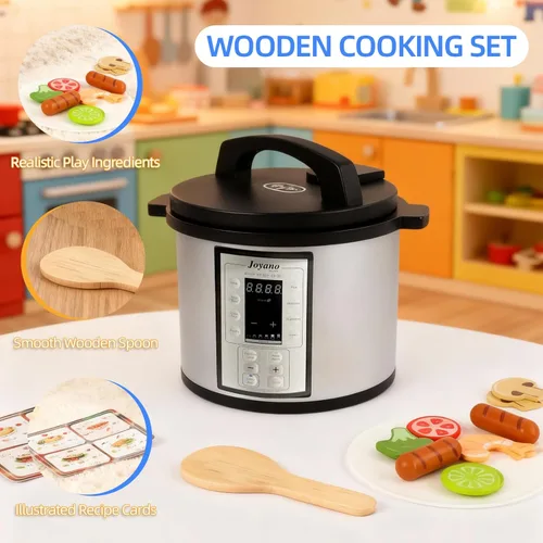Miniatura 6 de Freidora de aire de madera de 15 piezas, juego de olla a presión de 18 piezas para niños, juguete de cocina con accesorios de alimentos, utensilios