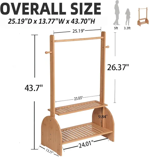 Miniatura 4 de BAMBOOHOMIE Perchero de ropa para niños con varillas ajustables, perchero de ropa para niños, bebés, mascotas, perchero para niños con 2 estantes