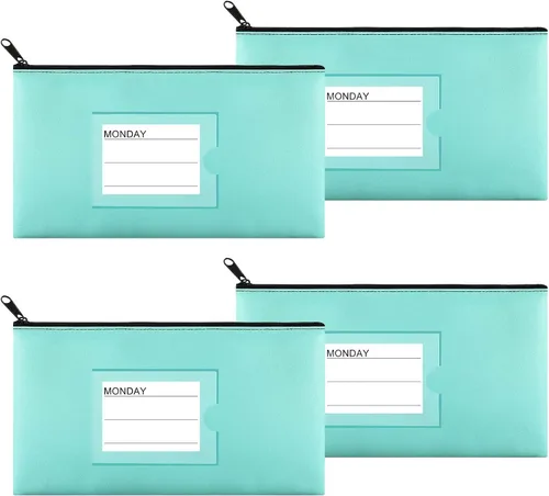 Miniatura 14 de Paquete de 4 bolsas de dinero para depósitos bancarios, cartera de cuero sintético resistente con cremallera con ventana transparente, bolsa