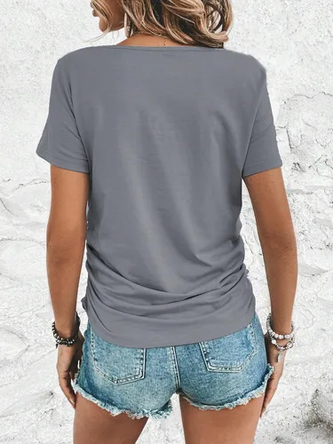 Miniatura 2 de WDIRARA Camiseta de manga corta con cuello en V y fruncido lateral para mujer