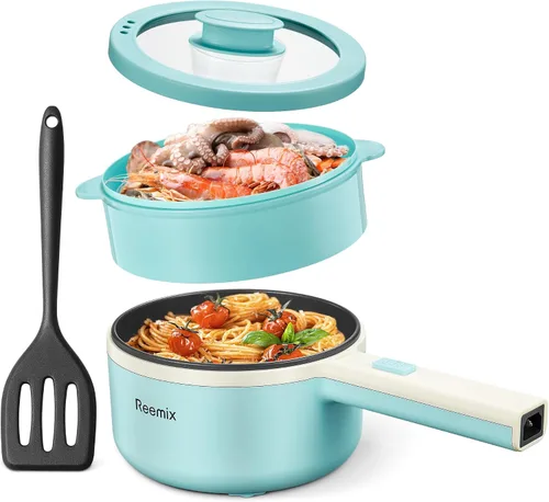 Olla Eléctrica con Vaporera, Cocedor de Ramen Antiadherente de 1.6L Sartén para Saltear para Bistec, Huevo, Arroz Frito, Ramen, Avena, Sopa,