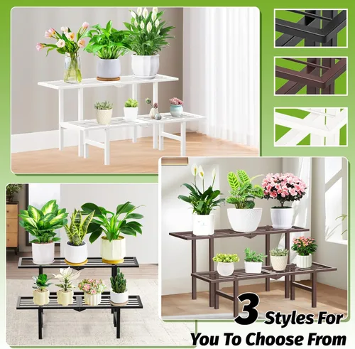 Miniatura 9 de Soporte de metal de 2 niveles para plantas para exteriores e interiores, estante plegable separado para plantas al aire libre, soporte de escalera