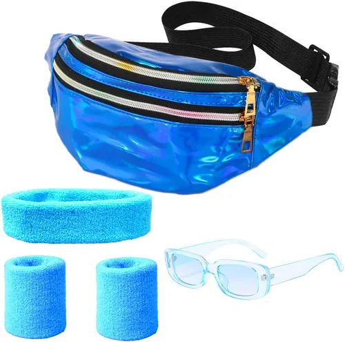 Riñonera holográfica de los años 80 lentes de sol rectangulares retro para mujer muñequeras de punto neón para yoga correr senderismo viajes Azul