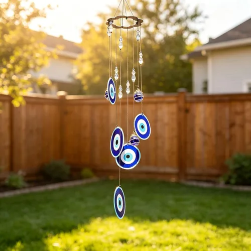 Miniatura 2 de YU FENG Carillón de viento con ojo maligno azul para exteriores, adorno colgante de 19" de metal, campanillas de viento para jardín al aire libre