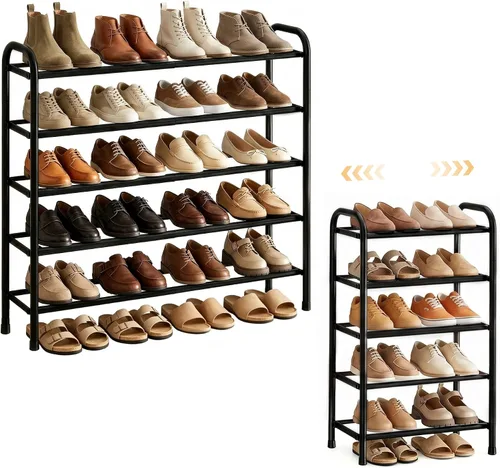 Miniatura 11 de ENJOYBASICS Zapatero ampliable, estante de zapatos ajustable de 2 niveles para clóset, zapatero de metal negro independiente para guardar zapatos