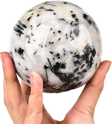 Miniatura 3 de JIC Gem Gran esfera de cristal negro y blanco con soporte Esfera de bola de cristal de turmalina negra y blanca Piedra preciosa decorativa Bola