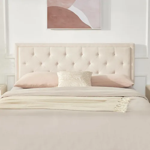 Miniatura 3 de Howjoe Cabecero tapizado solo tamaño Queen, cabecero capitoné tamaño Queen, cabeceros modernos de madera maciza con altura ajustable con patas