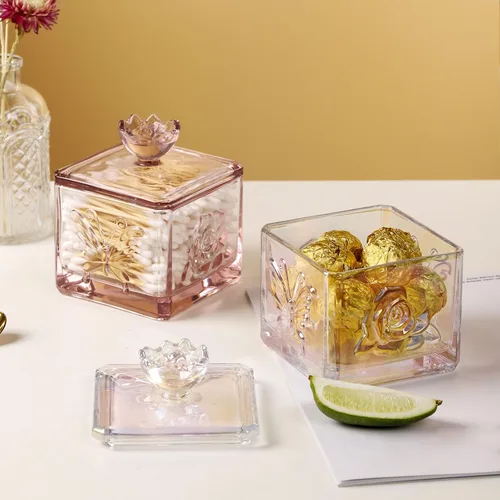 Miniatura 5 de WHJY Lindo tarro de cristal para dulces con tapa, tarro de cristal iridiscente para escritorio de oficina, platos de dulces coloridos para bufé