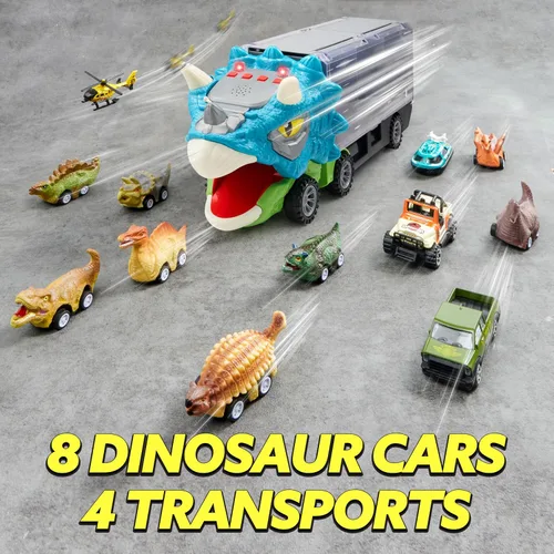 Miniatura 4 de JOYIN Juguetes de Dinosaurio 13 en 1 para Niños de 3-5, Camión de Dinosaurio Triceratops con 12 Autos de Retroceso, Juguetes de Regalos