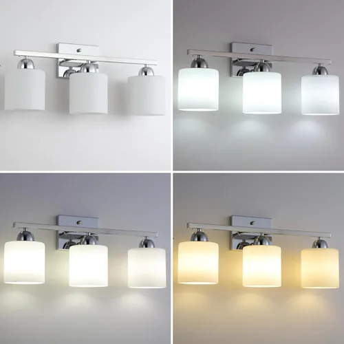 Miniatura 4 de Mecgirn Luces de tocador de vidrio de leche de acero inoxidable para baño, 3 luces cromadas de baño sobre espejo, enchufes E26 de cerámica montados