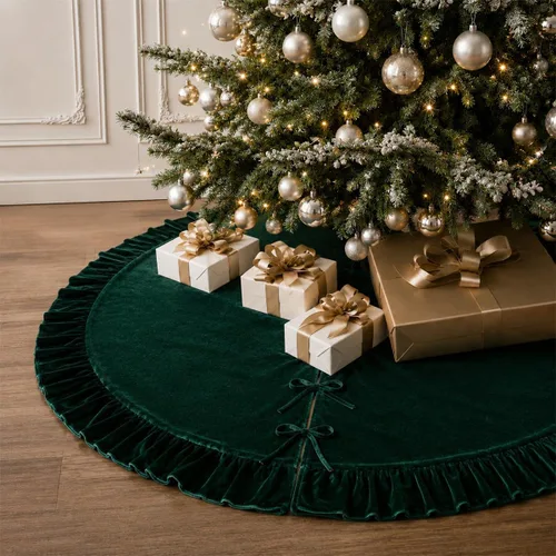 Miniatura 27 de Faldones de Felpa para Árbol de Navidad, 24 pulgadas, Lujosa Cubierta de Base de Árbol de Navidad de Piel Sintética Negra con Copos de Nieve Dorados